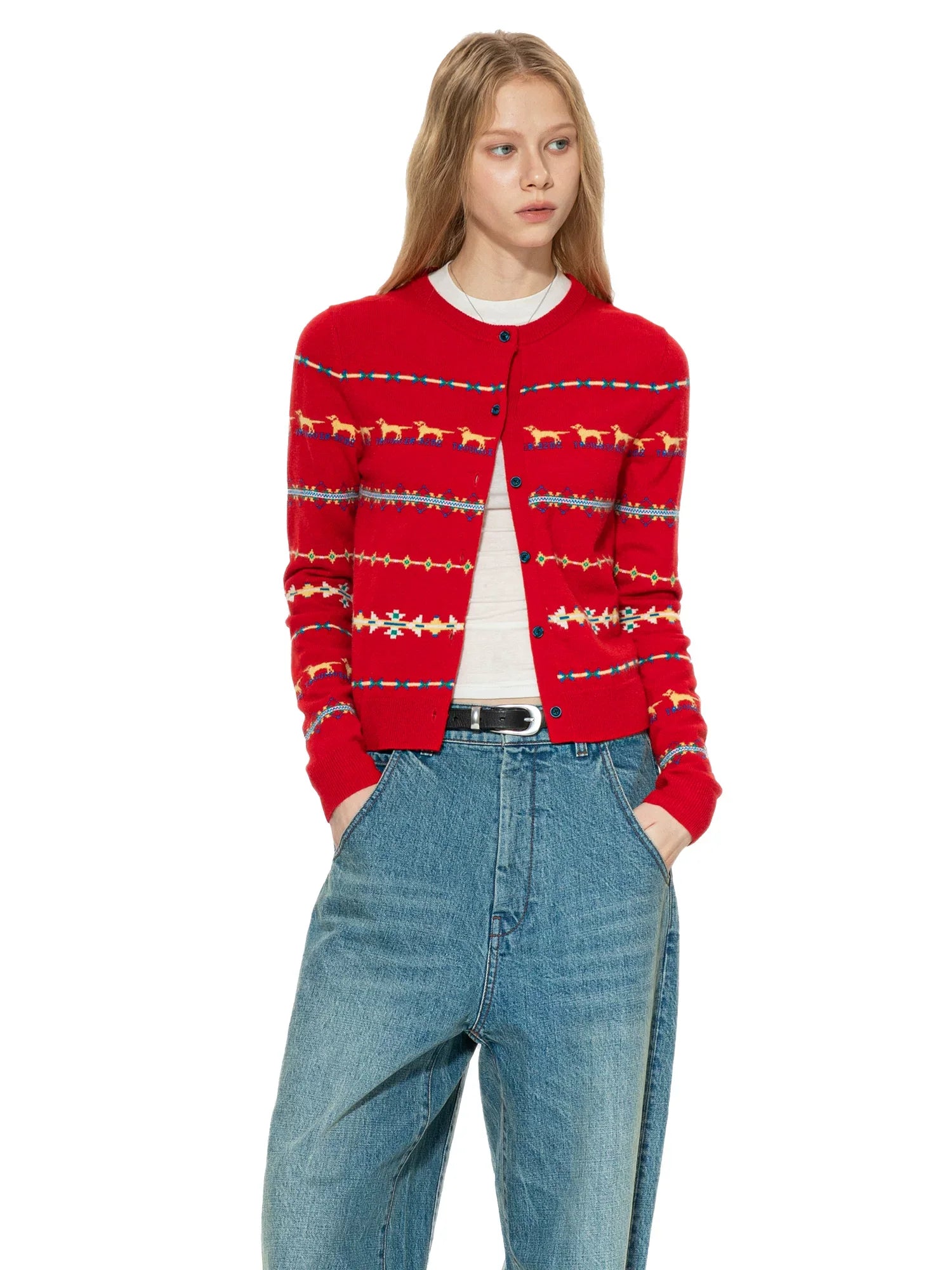 Kybecs | Women’s Red Fair Isle Knit Cardigan with Nordic Pattern