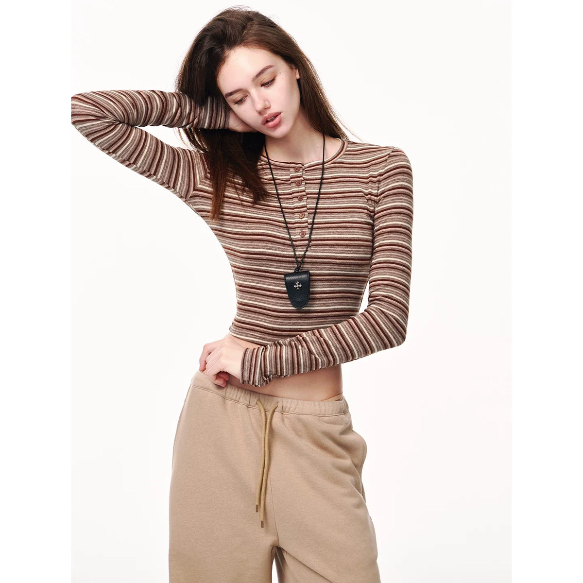 Kybecs | American Striped Slim Knit Top Round Neck Long Sleeve Right Shoulder Detail