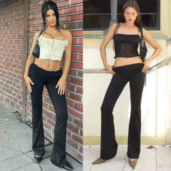 Kybecs| Women’s Black Lace Pleated Low-Waist Slim Flared Pants with Drawstring Waist