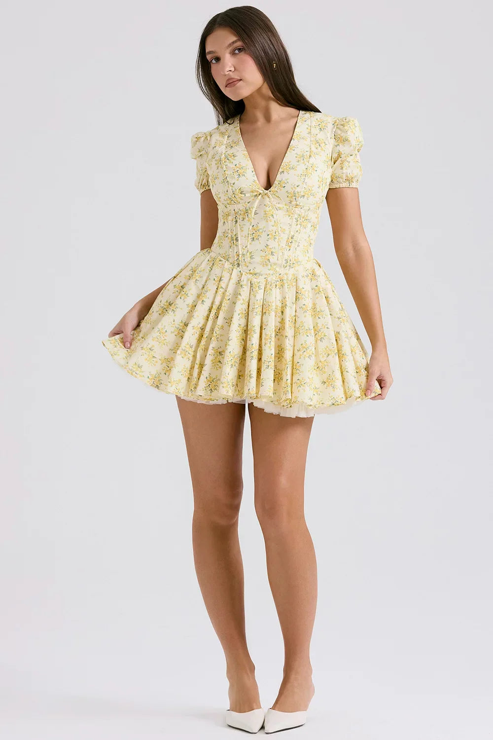 Kybecs| Yellow Floral Puff-Sleeve Deep V-Neck Midi Dress for Women – Puffy Sleeve Dress