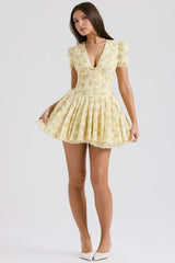 Kybecs| Yellow Floral Puff-Sleeve Deep V-Neck Midi Dress for Women – Puffy Sleeve Dress