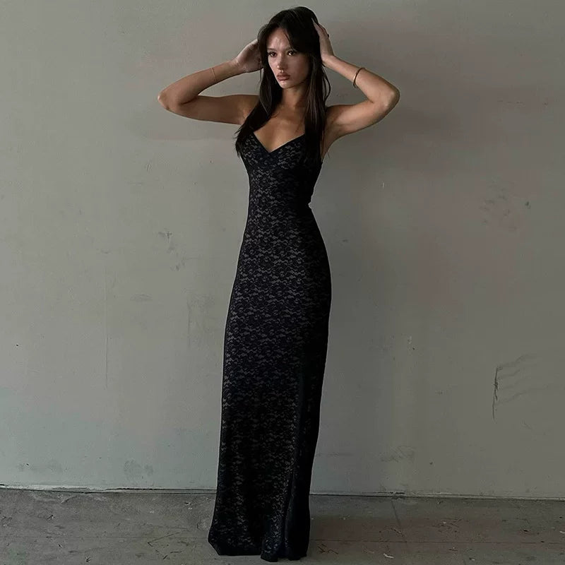 Kybecs| Lace Spliced Backless MAXI Dress for Women – Deep V Waist Slim Fit Design