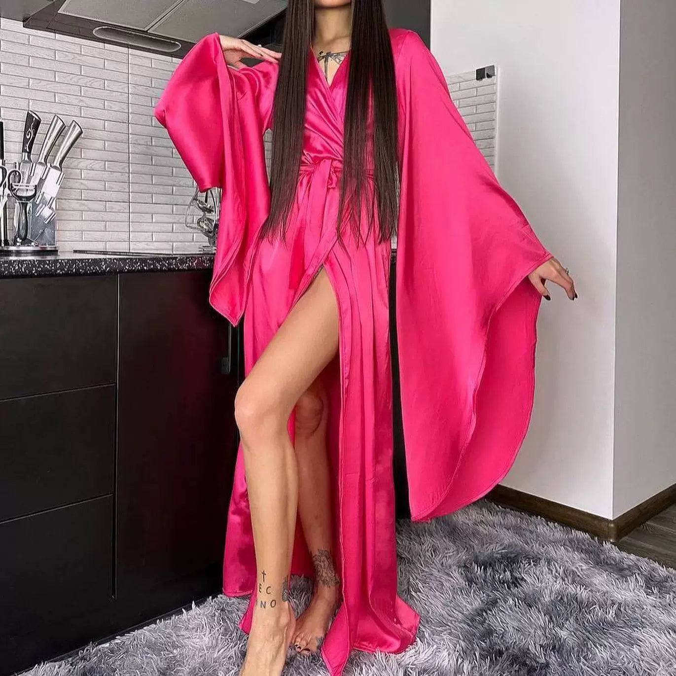 Kybecs| Women’s Strappy Lounge maxi Dress with Slit – Comfortable Autumn & Winter Home Style