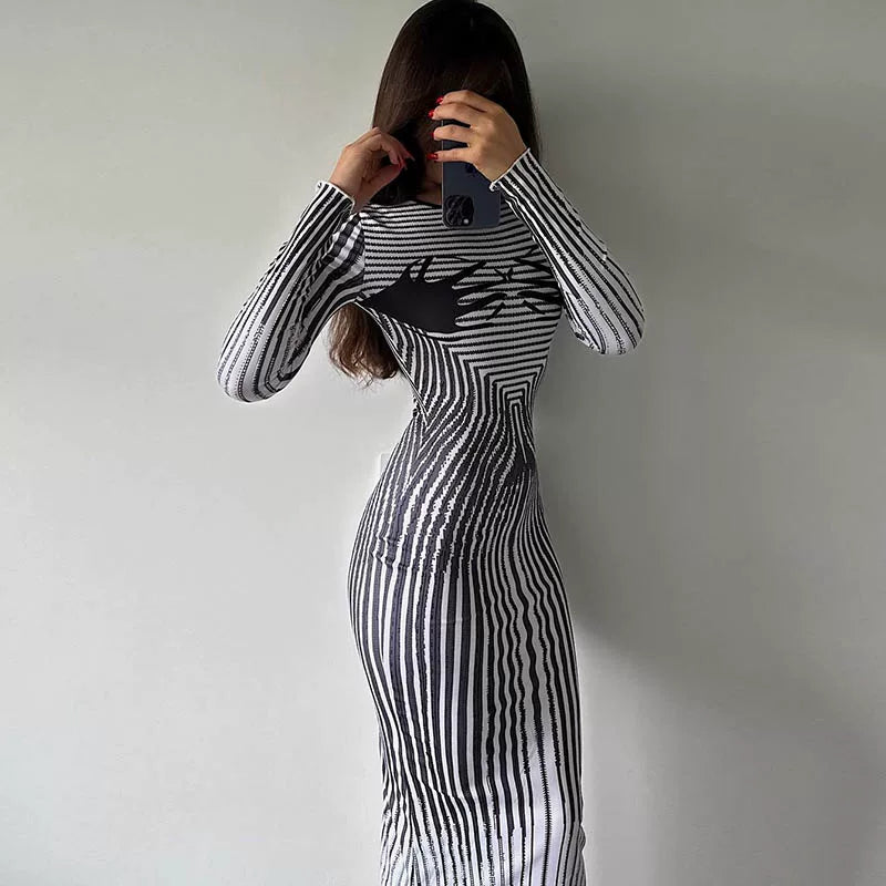 Kybecs| Printed Long-Sleeve High-Waist Midi Dress for Women – Slim Fit Rear Slit Long Skirt