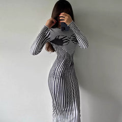 Kybecs| Printed Long-Sleeve High-Waist Midi Dress for Women – Slim Fit Rear Slit Long Skirt