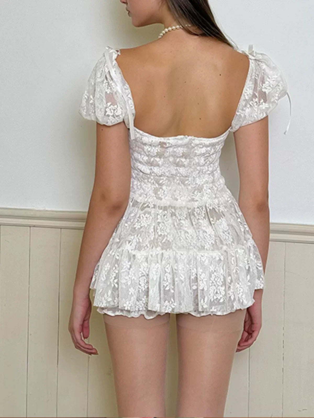 Kybecs | Retro Lace Hollow Square Neck Short Sleeve Ballet Dress