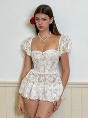 Kybecs | Retro Lace Hollow Square Neck Short Sleeve Ballet Dress