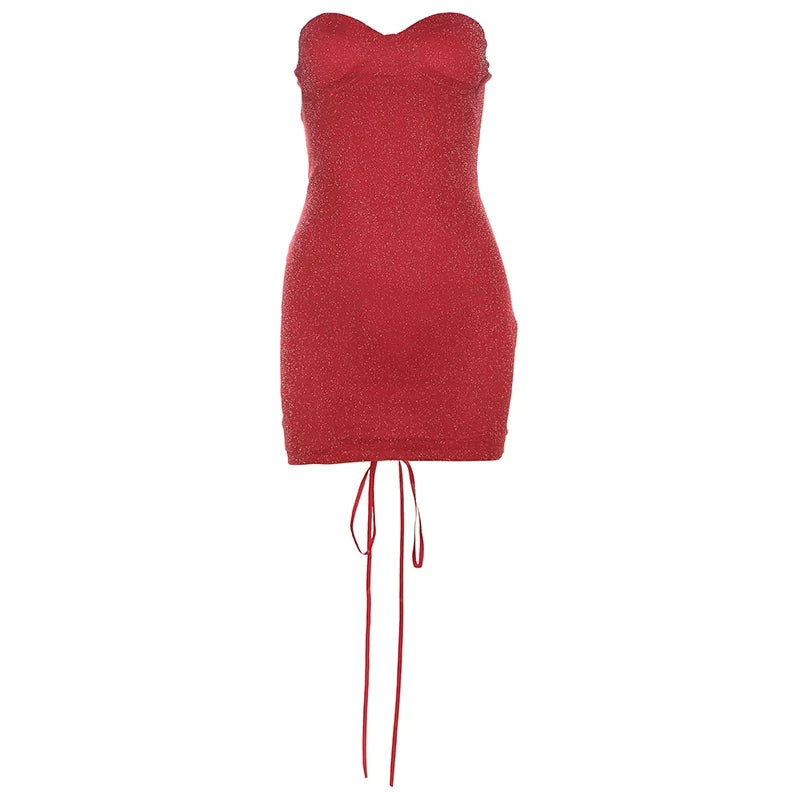 Kybecs | Red Glitter Tube Mini Dress Slim Fit Sexy Party Wear