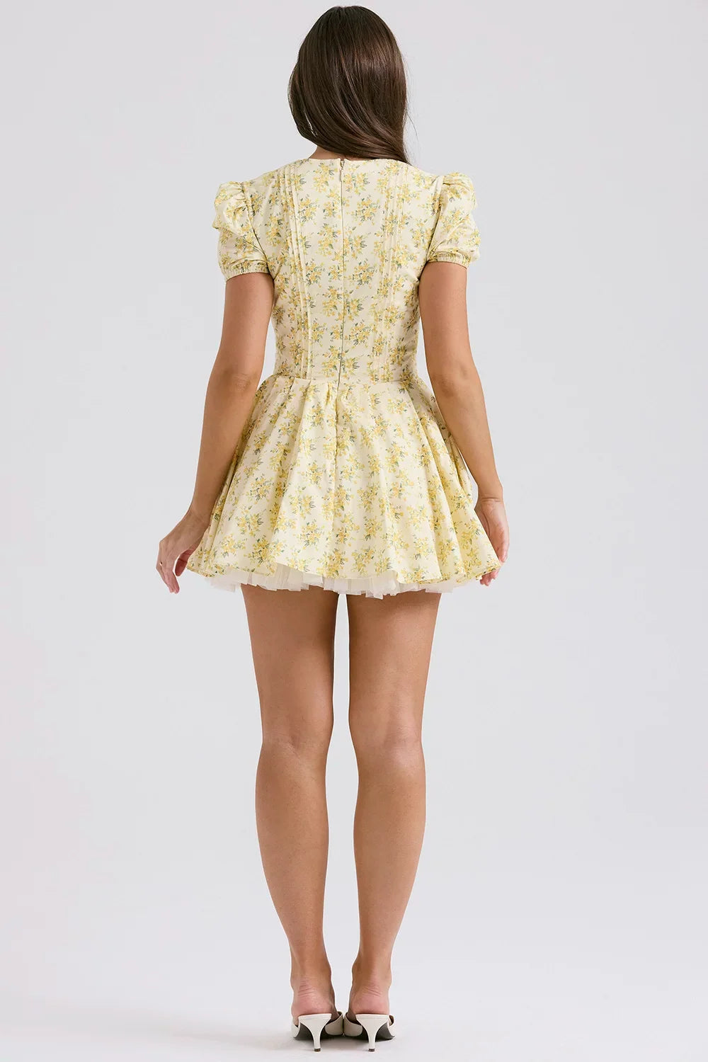 Kybecs| Yellow Floral Puff-Sleeve Deep V-Neck Midi Dress for Women – Puffy Sleeve Dress