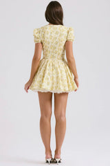 Kybecs| Yellow Floral Puff-Sleeve Deep V-Neck Midi Dress for Women – Puffy Sleeve Dress