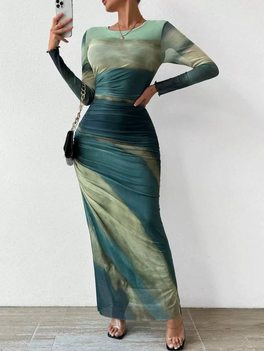 Kybecs| Tie-Dye Pleated Slim Fit maxi Dress for Women – Elegant Long Sleeve Commuter Style