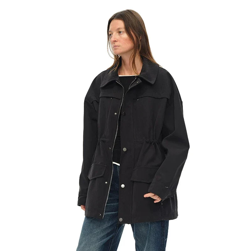 Kybecs | Women’s Black Mid-Length Thickened Windbreaker Jacket with Adjustable Drawstring