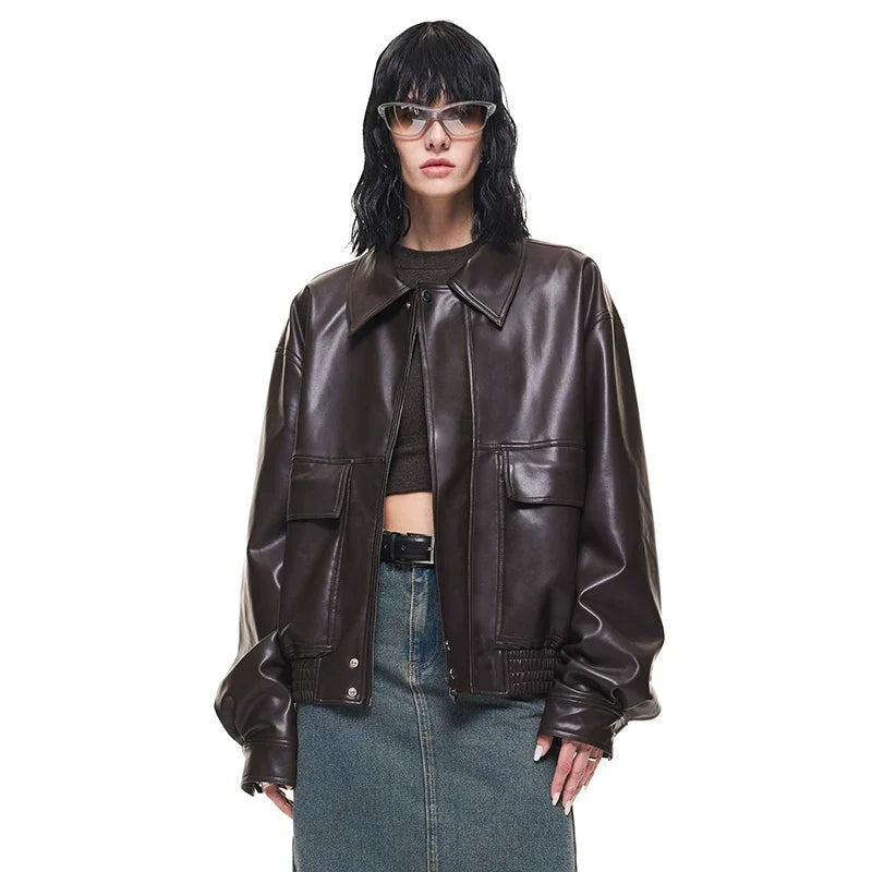 Kybecs| Women’s Brown PU Leather Zipper Jacket – Loose Fit Washed Leather Streetwear Coat