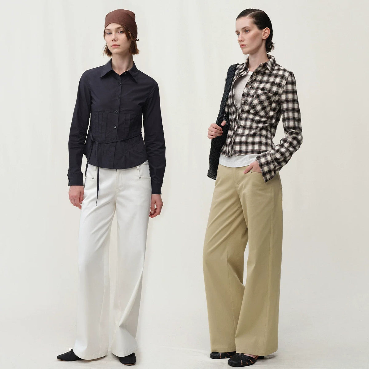 Kybecs| Women’s Classic White & Khaki Low-Waist Straight Wide-Leg Casual Pants