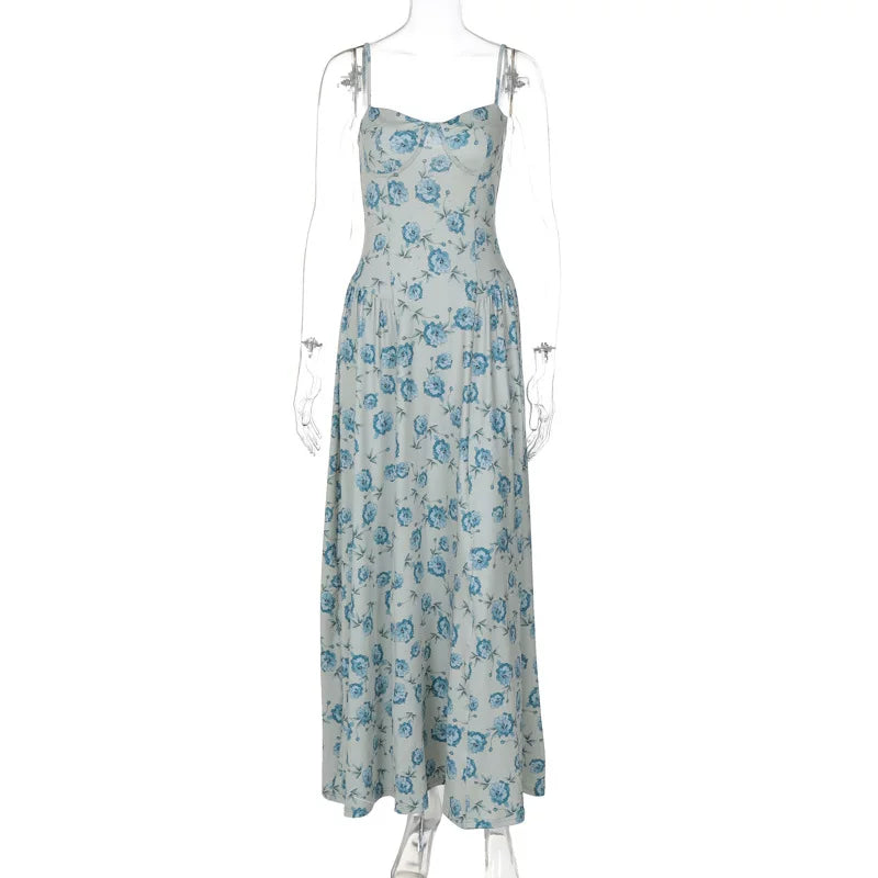 Kybecs| Rose Print Strappy maxi  Dress for Women – Waist-Defined Elegant Holiday Style