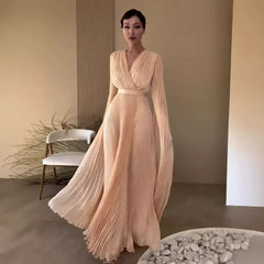 Kybecs| Solid Color Batwing Sleeve Lace-Up Waist Dress for Women – Elegant Slimming Autumn Style