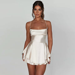 Kybecs| Satin Halterneck Backless Dress for Women – Waist-Defined Double Hem Midi Skirt