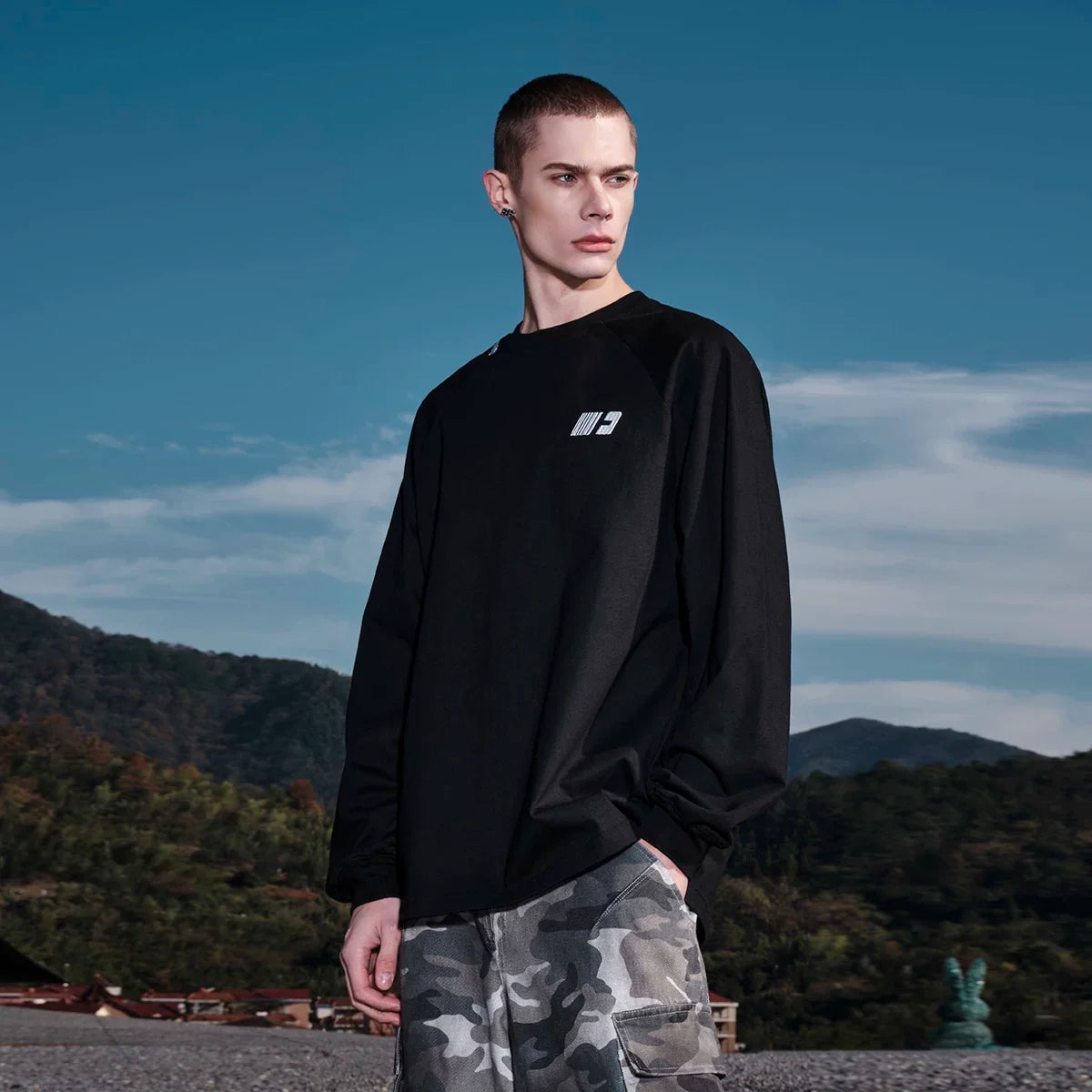 Kybecs | Embroidered Logo Heavyweight Cotton Long Sleeve Tee Men’s Casual