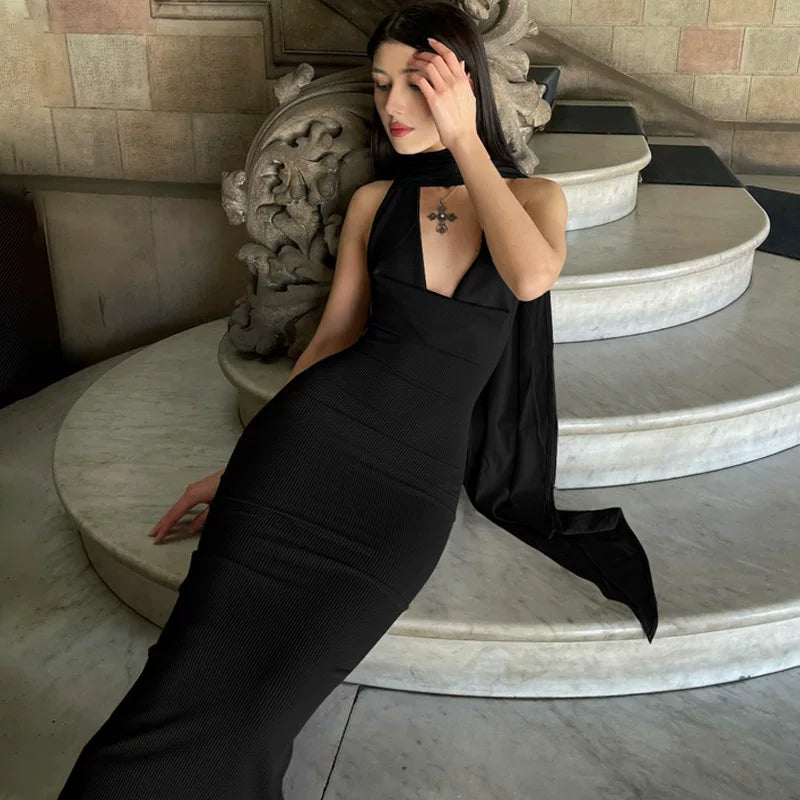 Kybecs| Solid Color Halter Neck Backless Maxi Dress for Women – Slim Fit Resort Style