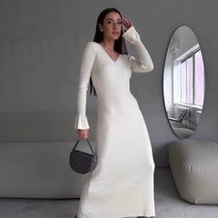Kybecs| V-Neck Long Sleeve Knit Maxi Dress for Women – Slim Fit Autumn & Winter Style