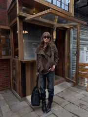 Kybecs| Women’s Cool Loose Irregular Brown Jacket – Maillard Color Trendy Casual Outerwear