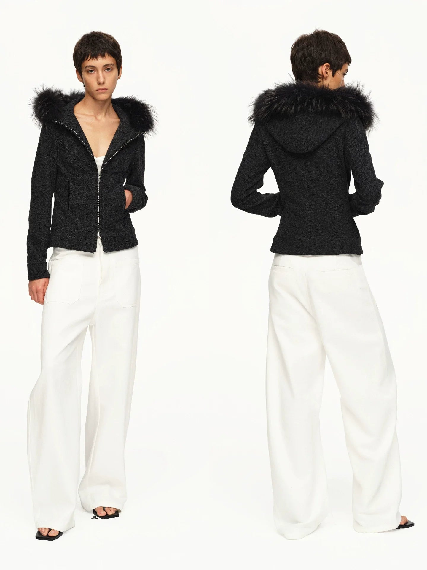 Kybecs| Women’s Dark Gray Slim Hooded Jacket with Detachable Fur Collar – Versatile Pocket Coat