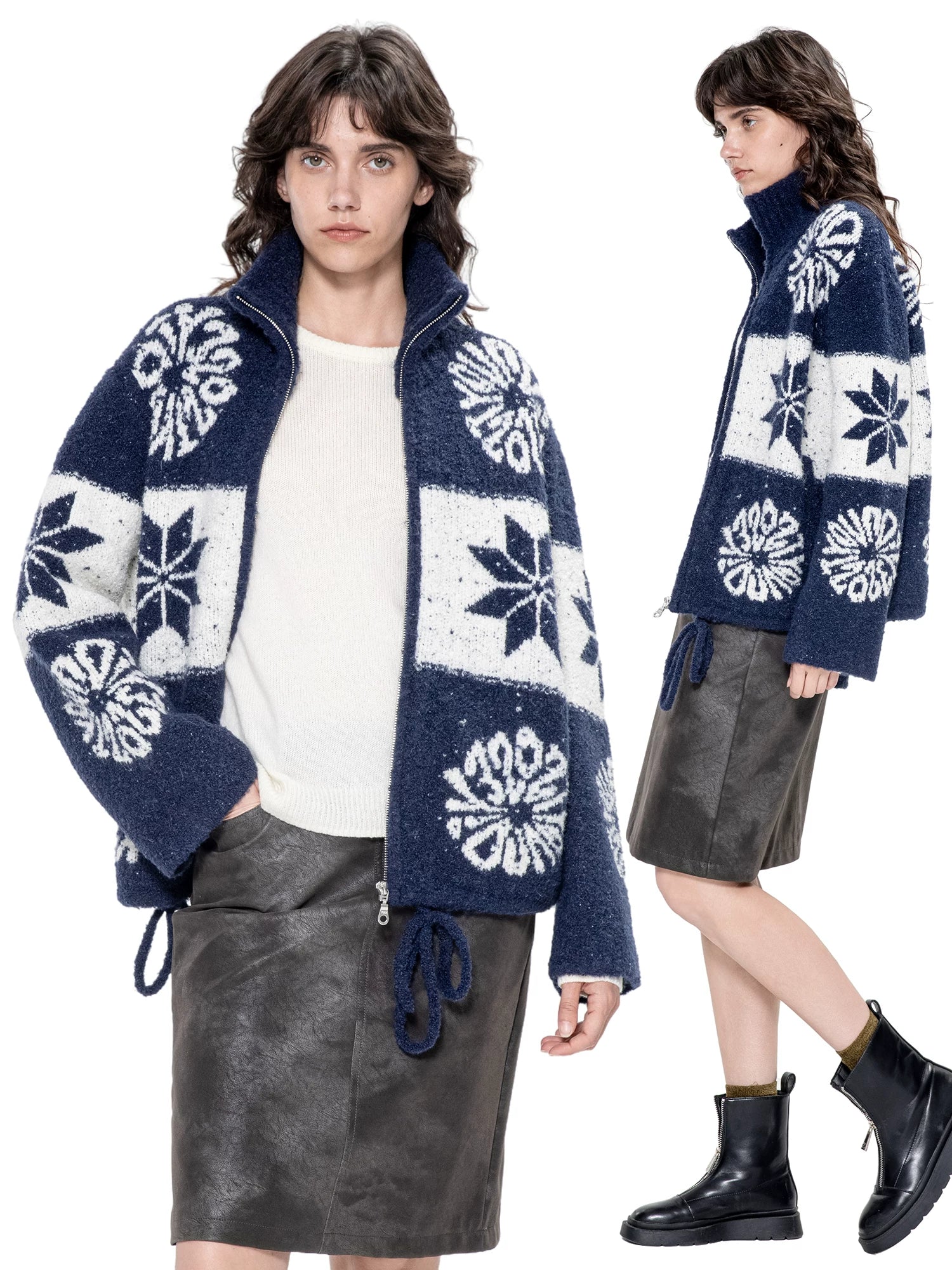 Kybecs | Autumn Winter Fair Isle Loose Cardigan Icelandic Flower Knit Jacket