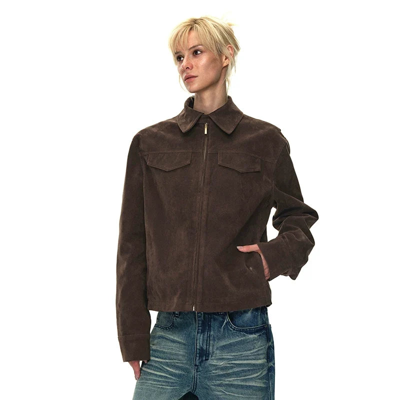 Kybecs| Women’s Brown Faux Suede Zipper Jacket – Casual Streetwear Coat