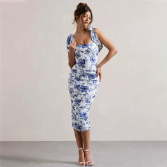 Kybecs| Floral Print Off-Shoulder Strappy Midi Dress for Women – Bow Tie Accent Long Skirt