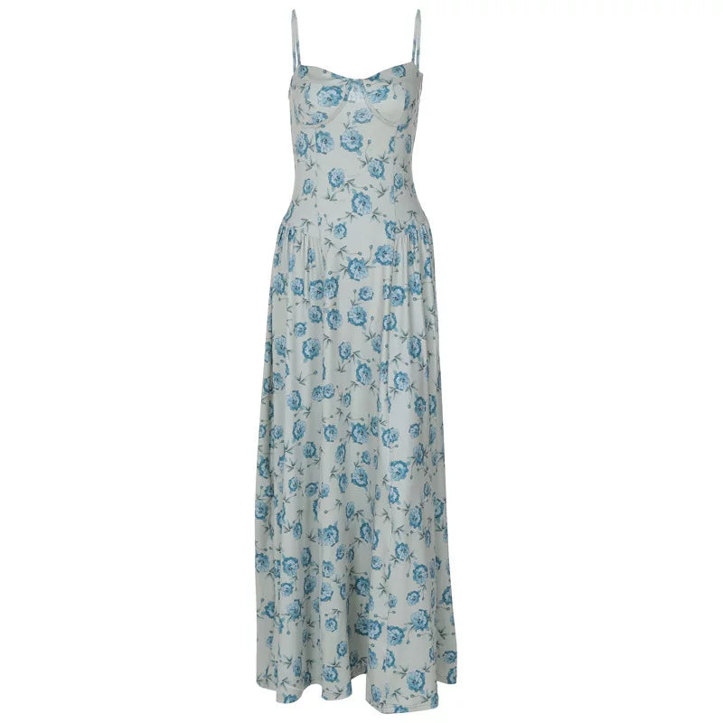 Kybecs| Rose Print Strappy maxi  Dress for Women – Waist-Defined Elegant Holiday Style