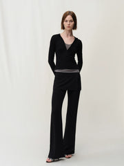 Kybecs| Women’s Fake Two-Piece Slim-Fit Micro-Flare Pants – Elastic Waist Casual Skirt Pants