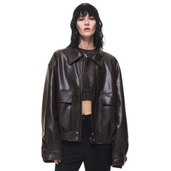 Kybecs| Women’s Brown PU Leather Zipper Jacket – Loose Fit Washed Leather Streetwear Coat