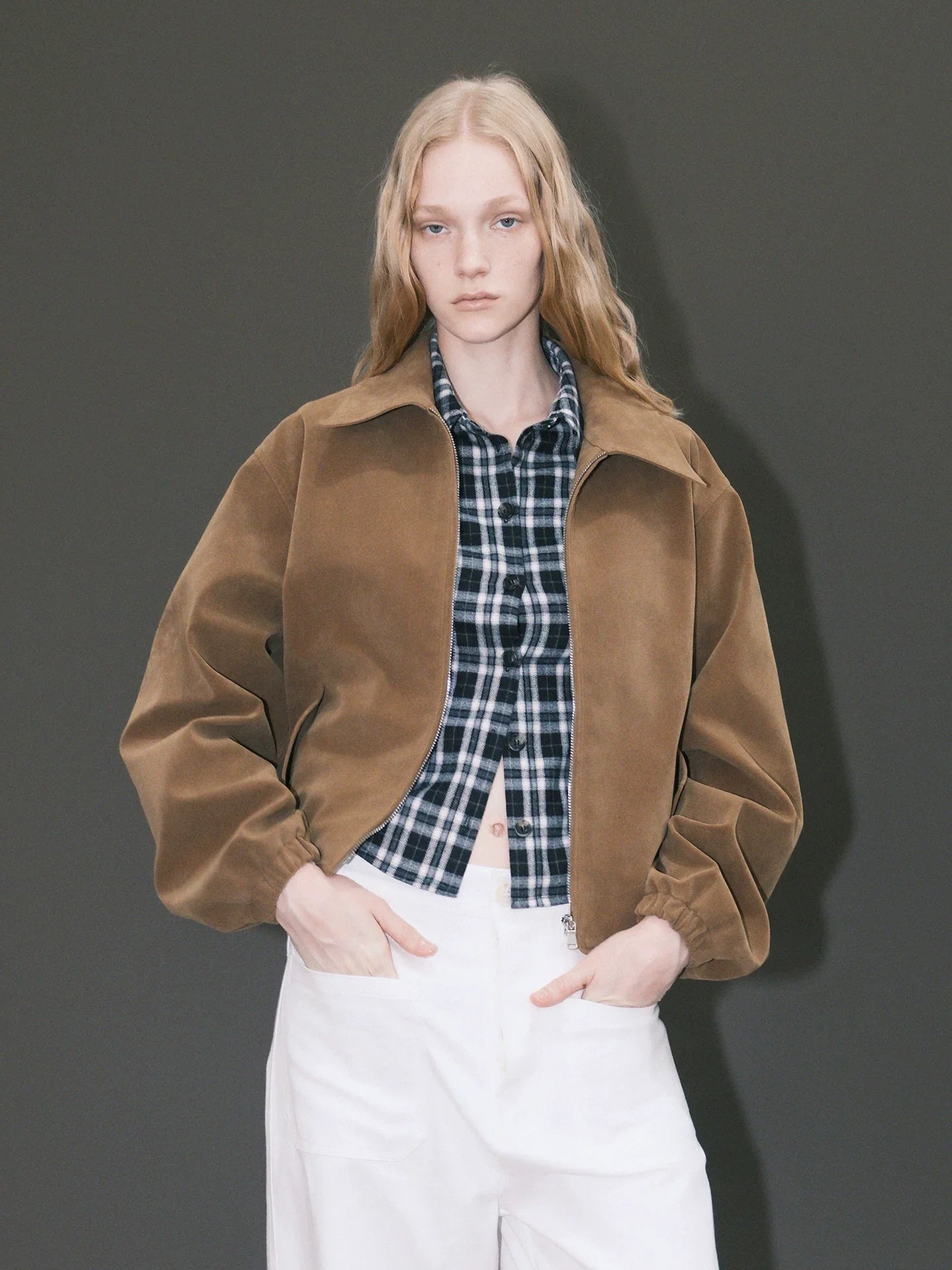 Kybecs | Women’s Khaki Suede Off-Shoulder Loose Short Jacket for Autumn and Winter