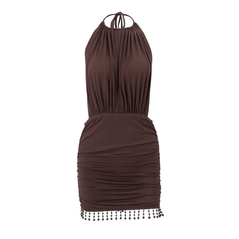 Kybecs | Vacation Style Backless Halter Pearl Tassel Pleated Mini Dress