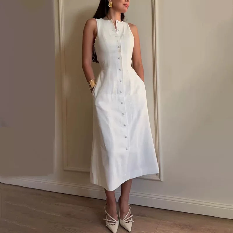Kybecs| Sleeveless Button Waist Dress for Women – Elegant Slim Fit Summer Style