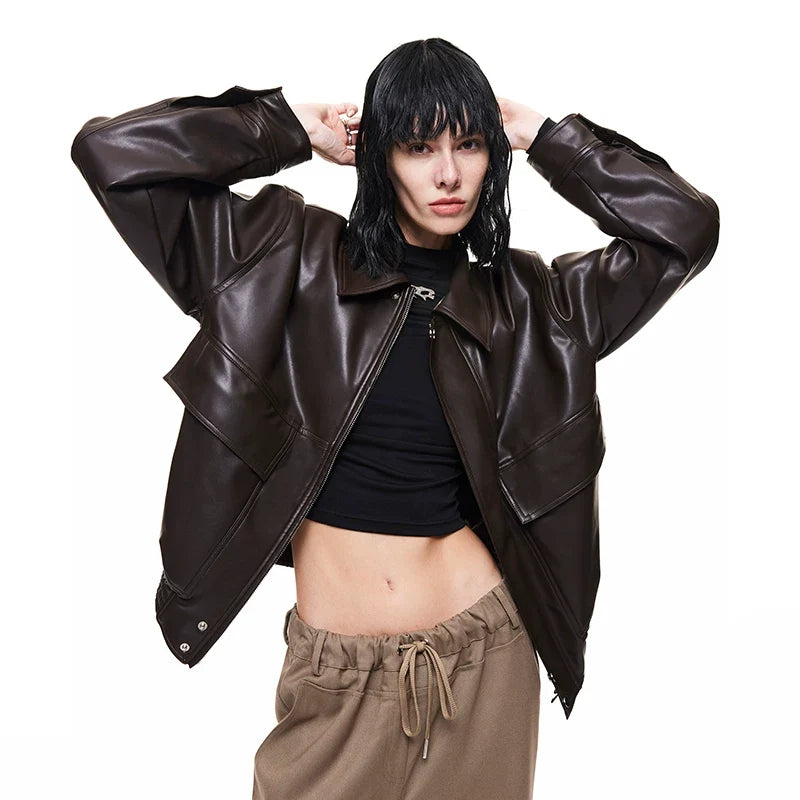 Kybecs| Women’s Brown PU Leather Zipper Jacket – Loose Fit Washed Leather Streetwear Coat