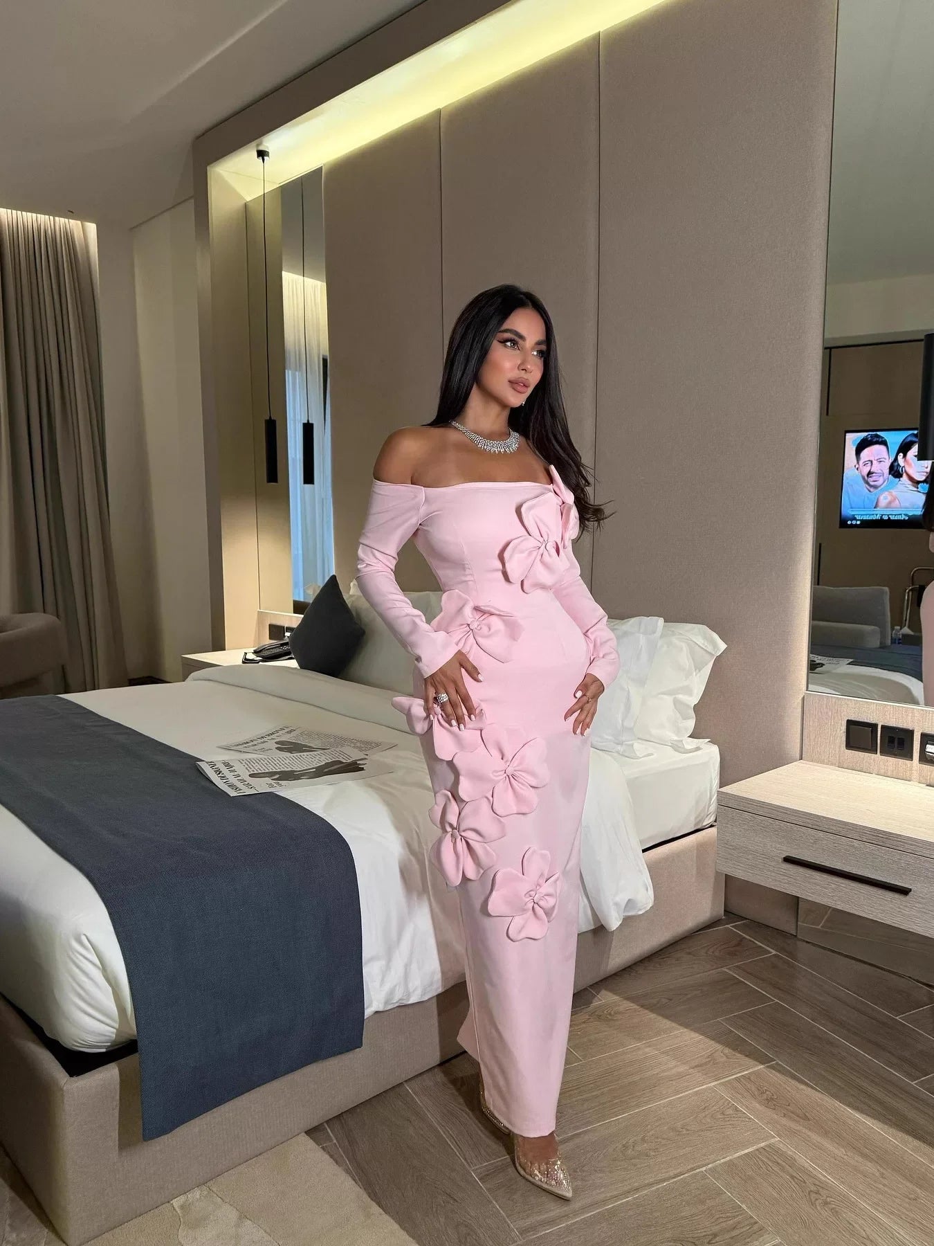 Kybecs| One-Shoulder Long Sleeve Evening maxi Dress with Floral Detail – Elegant Slim Fit Prom Style
