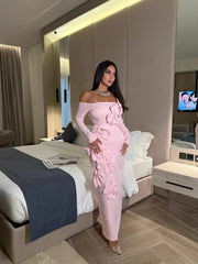 Kybecs| One-Shoulder Long Sleeve Evening maxi Dress with Floral Detail – Elegant Slim Fit Prom Style