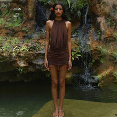 Kybecs | Vacation Style Backless Halter Pearl Tassel Pleated Mini Dress