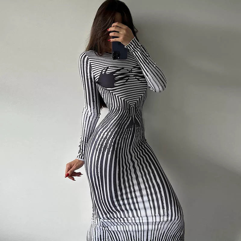 Kybecs| Printed Long-Sleeve High-Waist Midi Dress for Women – Slim Fit Rear Slit Long Skirt