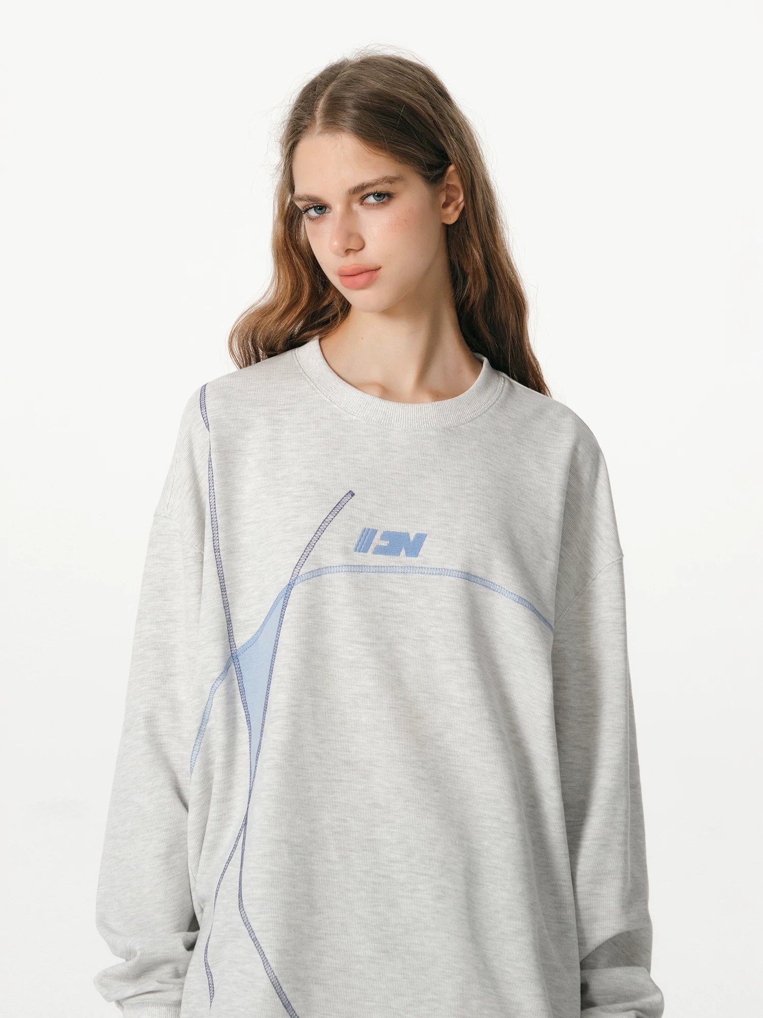 Kybecs | Contrast Line Waffle Sweatshirt Embroidered Sports Casual Long Sleeve