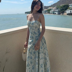 Kybecs| Rose Print Strappy maxi  Dress for Women – Waist-Defined Elegant Holiday Style