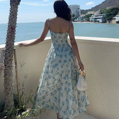 Kybecs| Rose Print Strappy maxi  Dress for Women – Waist-Defined Elegant Holiday Style