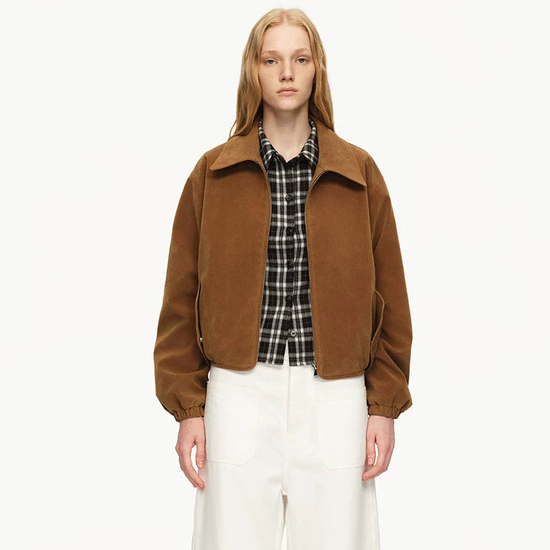 Kybecs | Women’s Khaki Suede Off-Shoulder Loose Short Jacket for Autumn and Winter