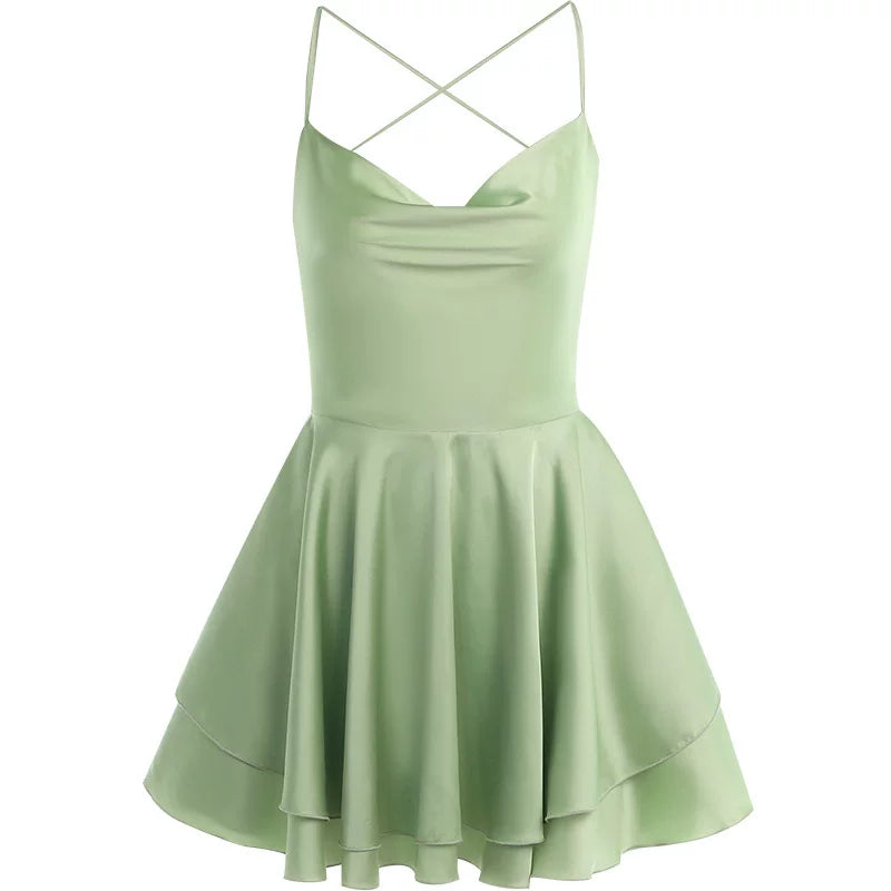 Kybecs| Satin Halterneck Backless Dress for Women – Waist-Defined Double Hem Midi Skirt