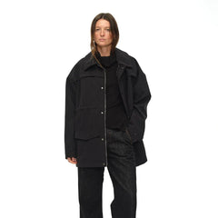 Kybecs | Women’s Black Mid-Length Thickened Windbreaker Jacket with Adjustable Drawstring