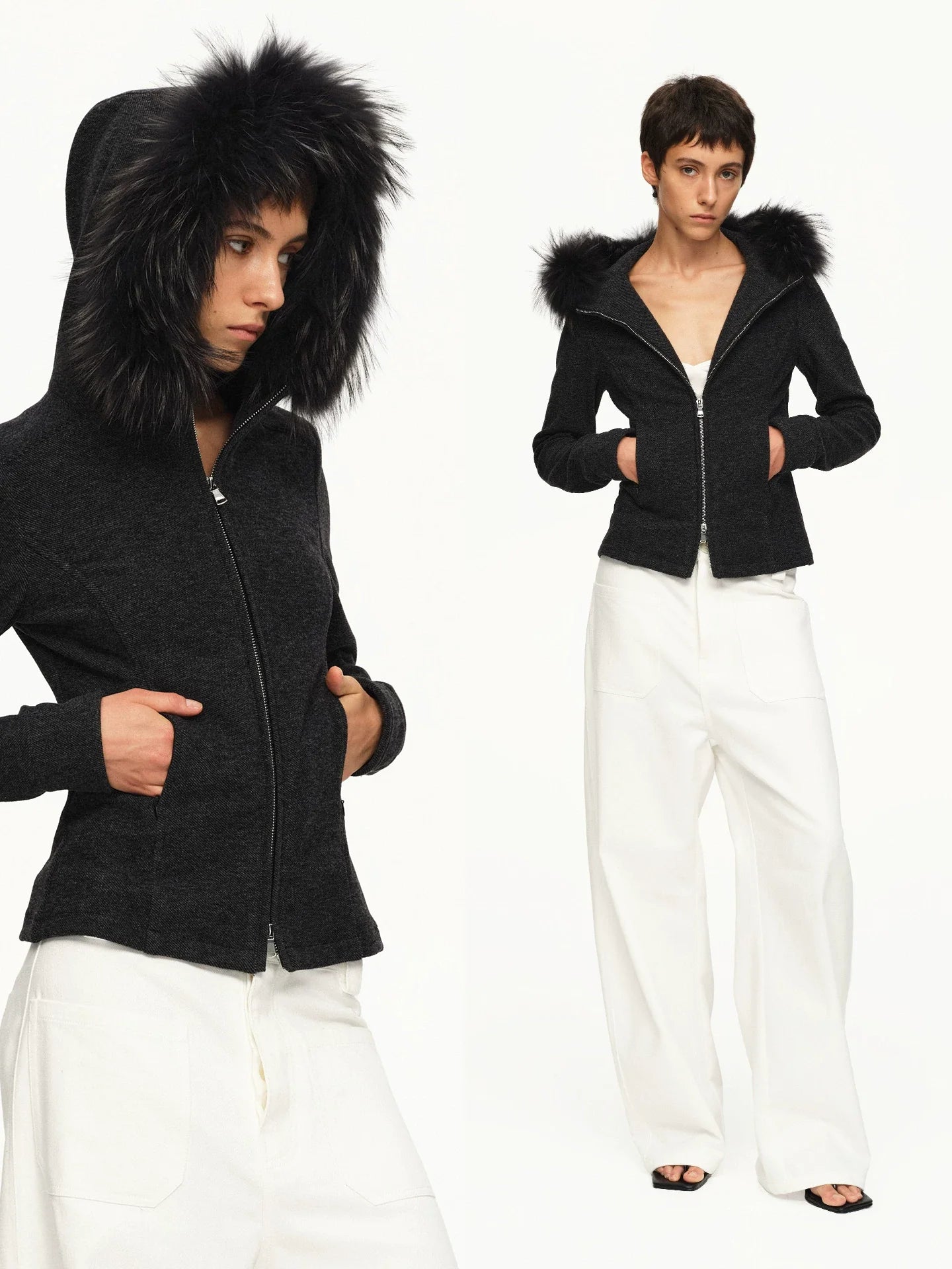Kybecs| Women’s Dark Gray Slim Hooded Jacket with Detachable Fur Collar – Versatile Pocket Coat