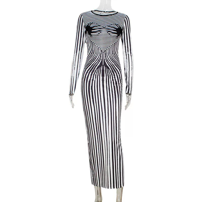 Kybecs| Printed Long-Sleeve High-Waist Midi Dress for Women – Slim Fit Rear Slit Long Skirt