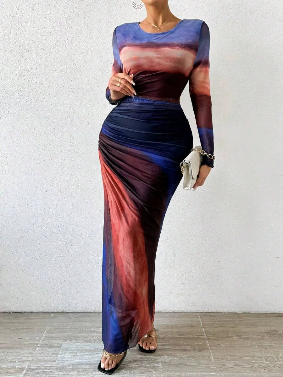 Kybecs| Tie-Dye Pleated Slim Fit maxi Dress for Women – Elegant Long Sleeve Commuter Style