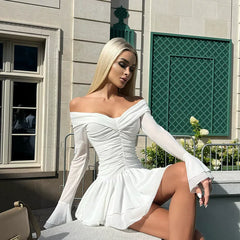 Kybecs| One-Shoulder Pleated Waist Midi Dress for Women – Trumpet Sleeve Double-Hem Dress